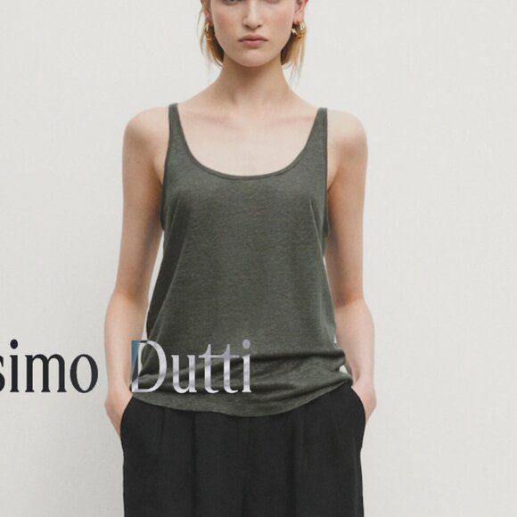 MASSIMO DUTTI OLIVE GREEN 100% LINEN STRAPPY TANK TOP - Picture 3 of 5